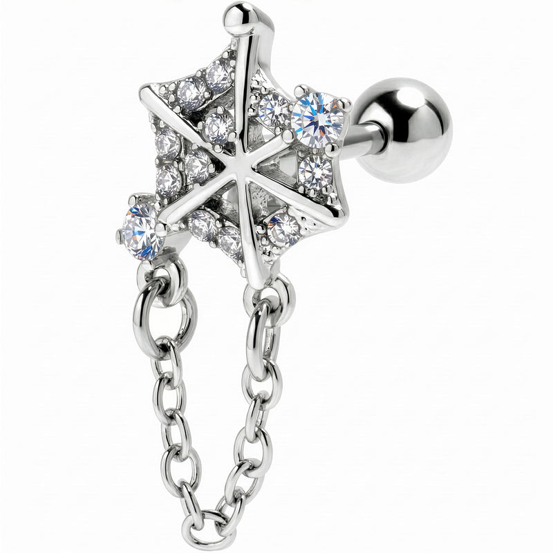 16G 1/4 Clear Gem Spiderweb Chain Dangle Cartilage Tragus Earring