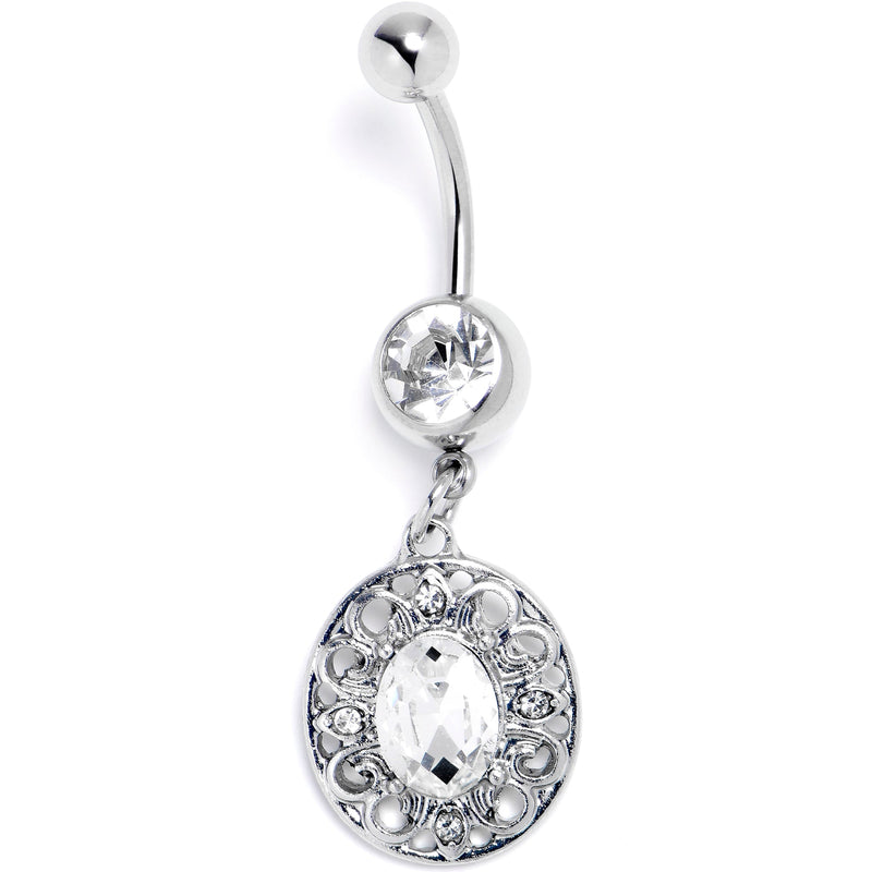 Clear Gem Flower Oval Elegance Dangle Belly Ring
