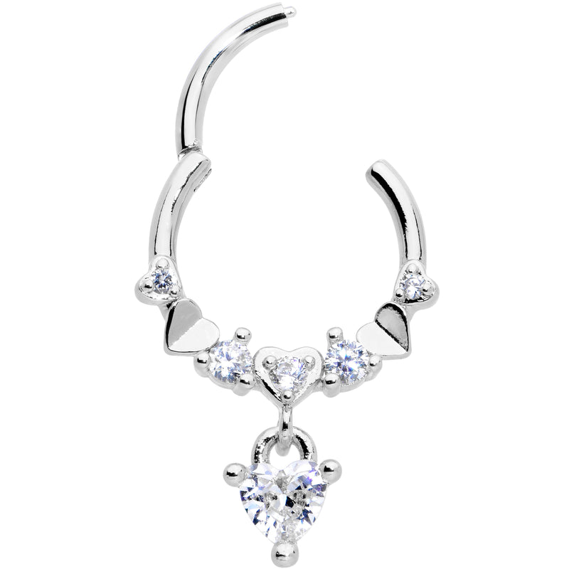 16G 3/8 Clear CZ Gem Love Heart Dangle Hinged Segment Ring