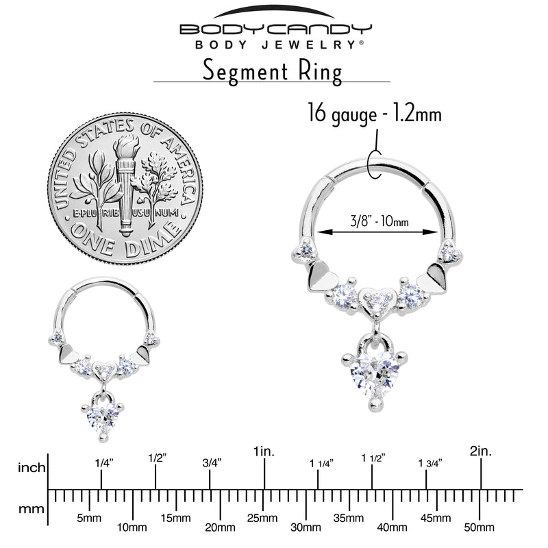 16G 3/8 Clear CZ Gem Love Heart Dangle Hinged Segment Ring