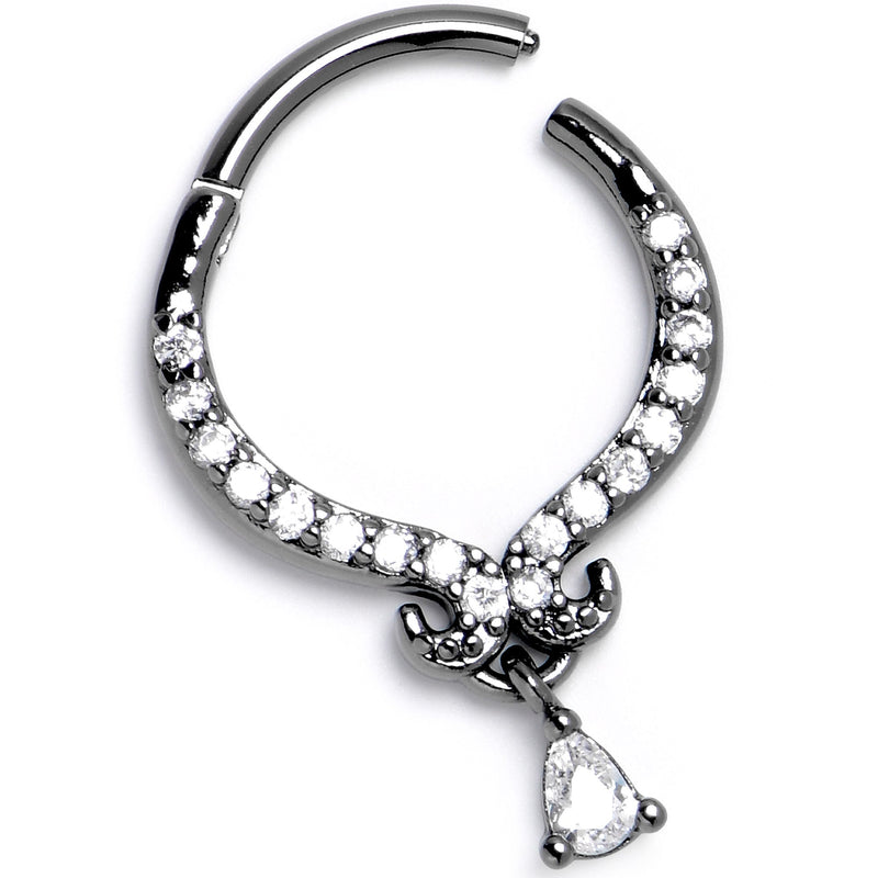 16G 3/8 Clear CZ Gem Black Elegant Curves Hinged Segment Ring