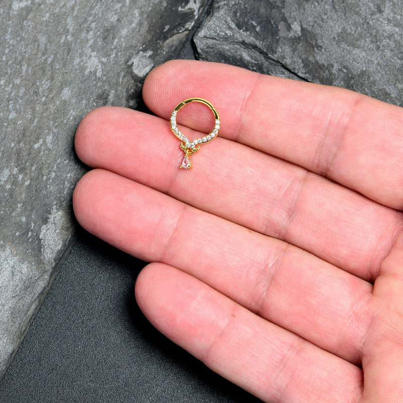 16G 3/8 Pink CZ Gem Gold Tone Elegant Curves Hinged Segment Ring