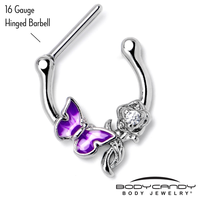 16G 5/6 Clear Gem Butterfly Rose Flower Purple Cartilage Clicker