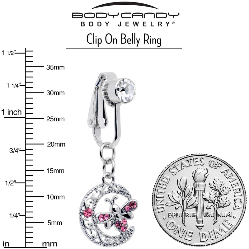 Pink Gem Lunar Dragonfly Fake Clip On Belly Ring