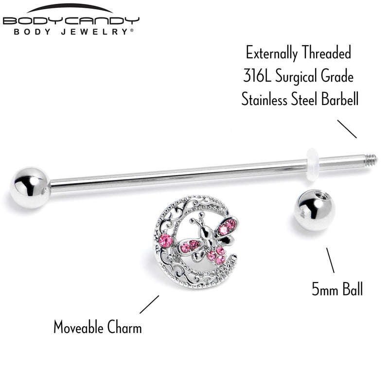 14G Pink Gem Lunar Dragonfly Industrial Barbell 38mm