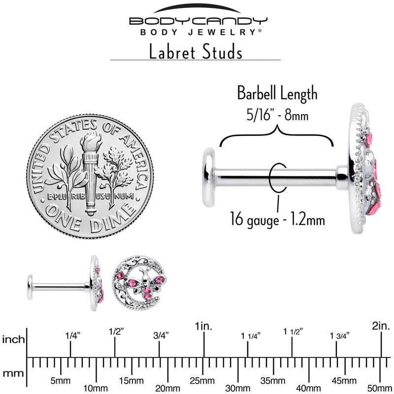 16G 5/16 Pink Gem Lunar Dragonfly Internally Threaded Labret Tragus