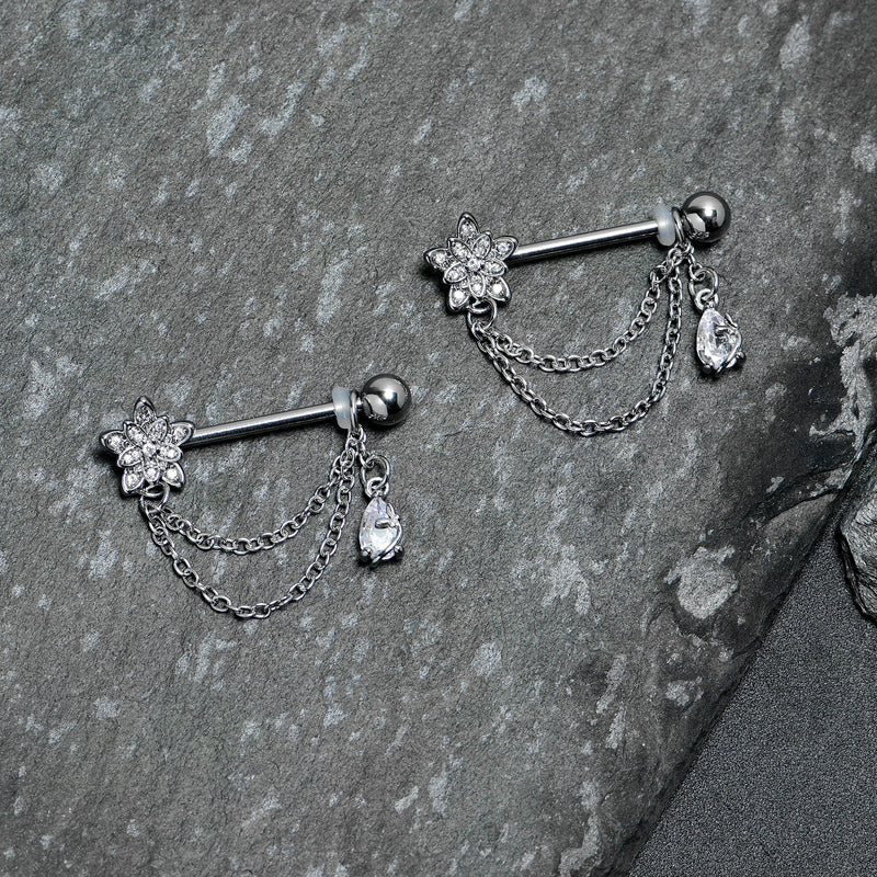 14G 9/16 Clear CZ Gem Snowflake Flower Chain Dangle Nipple Ring Set