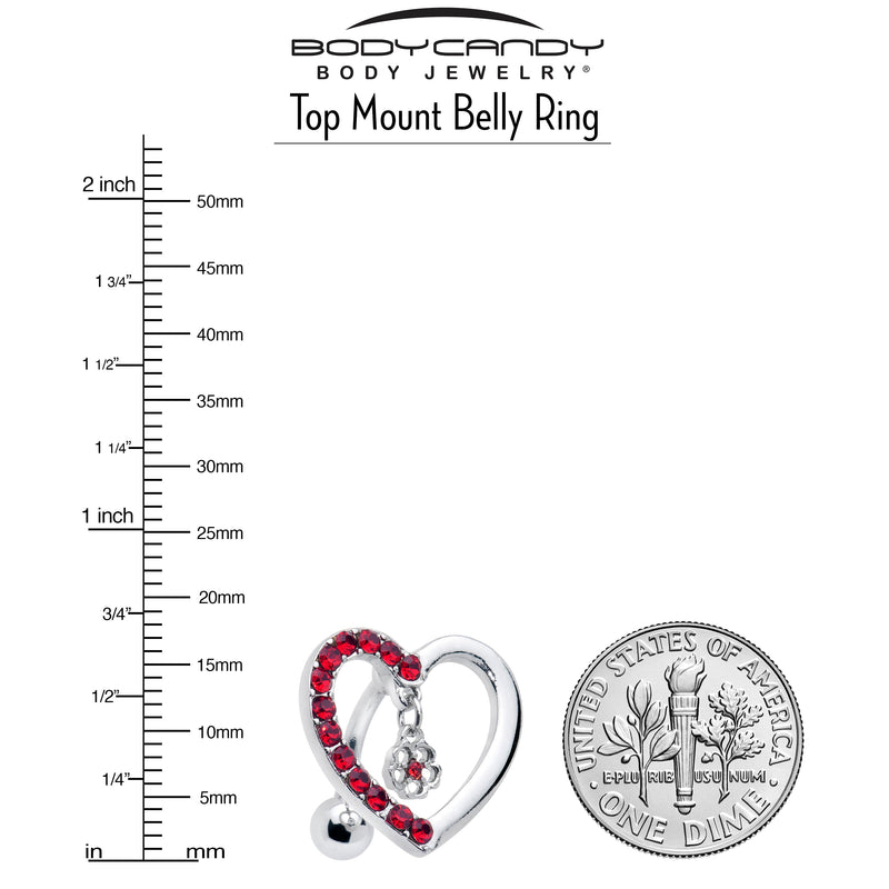 Red CZ Gem Asymmetrical Heart Flower Dangle Top Mount Belly Ring