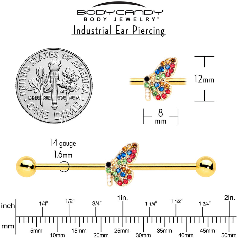 14G Red Blue Gem Gold Tone Butterfly Industrial Barbell 38mm
