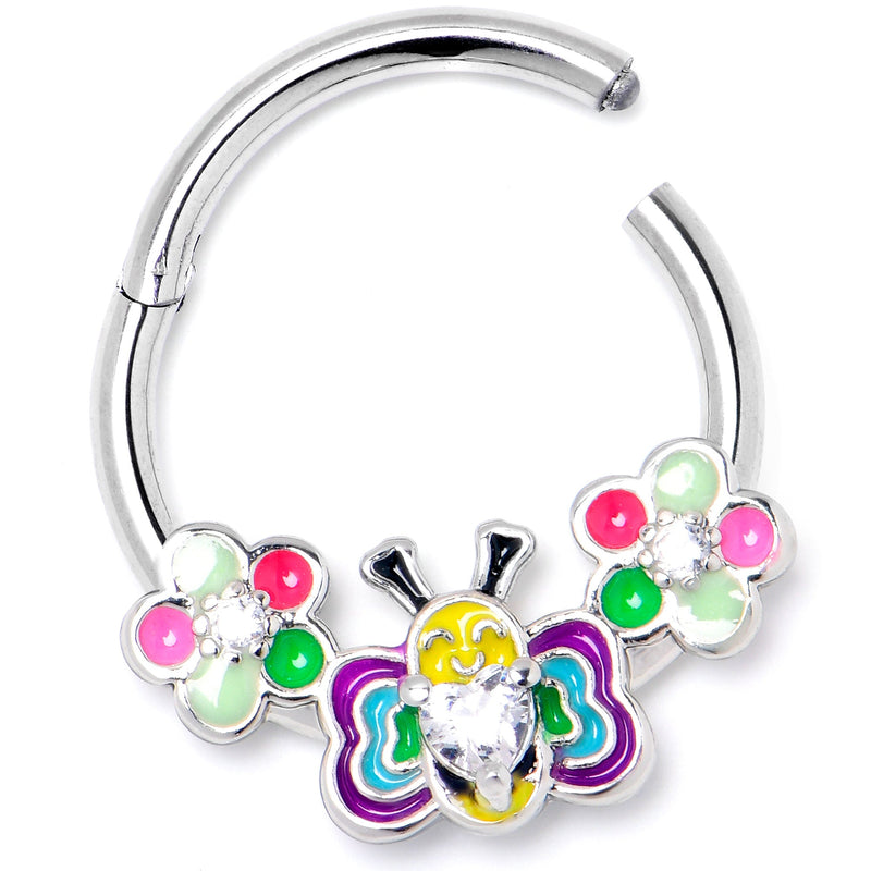16G 3/8 Clear CZ Gem Butterfly Love Bug Hinged Segment Ring