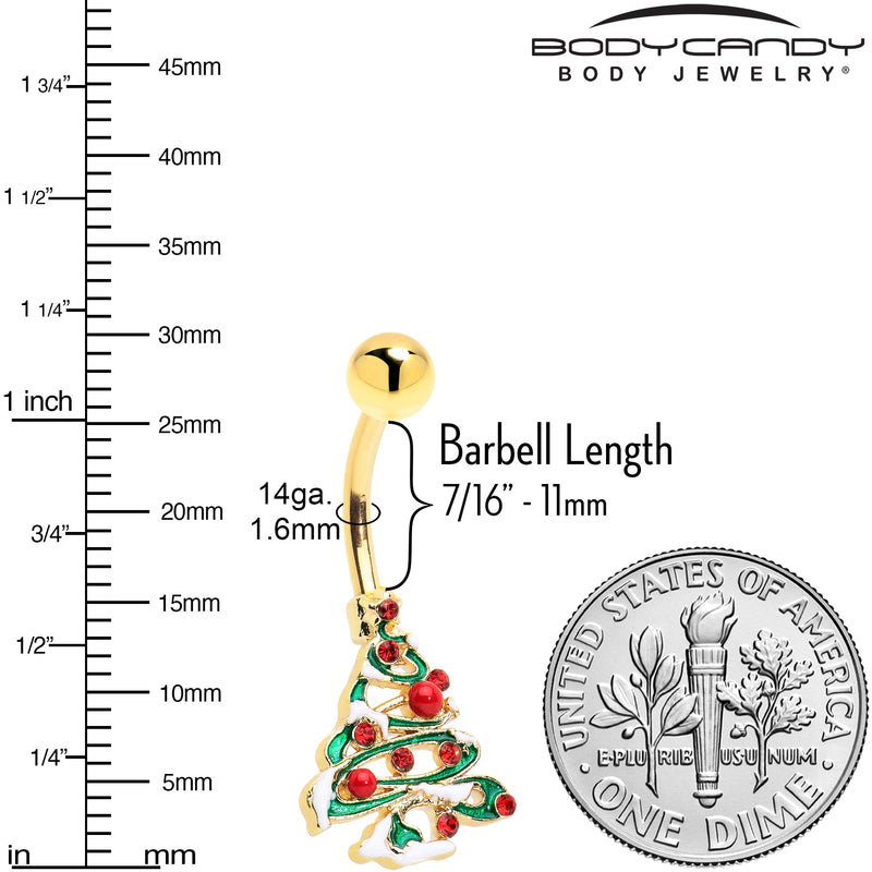 Red Gem Gold Tone Snowy Christmas Tree Holiday Belly Ring