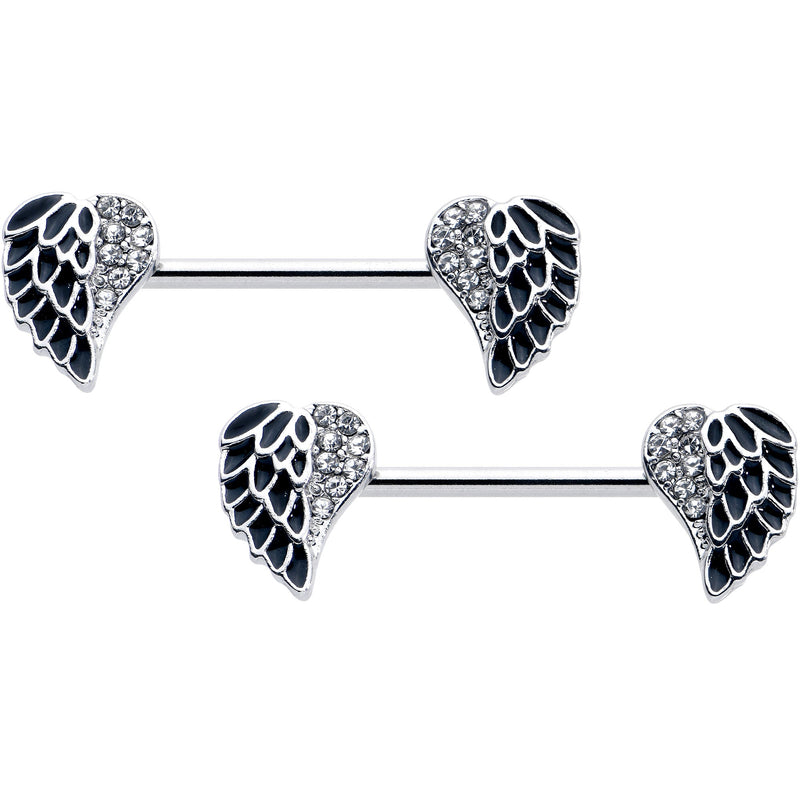 14G 9/16 Clear Gem Heavenly Heart Angel Wing Black Nipple Ring Set