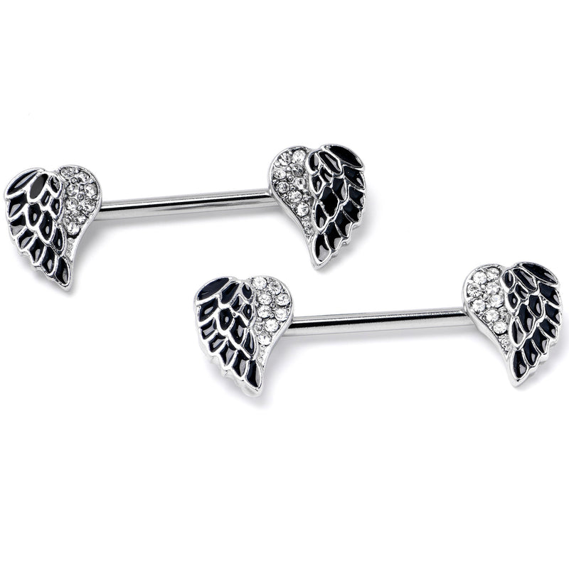 14G 9/16 Clear Gem Heavenly Heart Angel Wing Black Nipple Ring Set