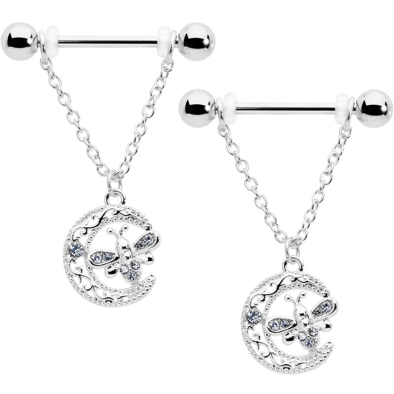 14G 9/16 Clear Gem Lunar Dragonfly Chain Dangle Nipple Ring Set
