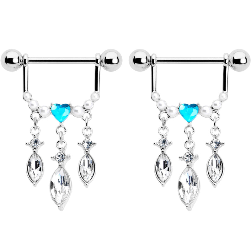 14G 9/16 Blue Gem Heart Triple Drop Dangle Nipple Ring Set