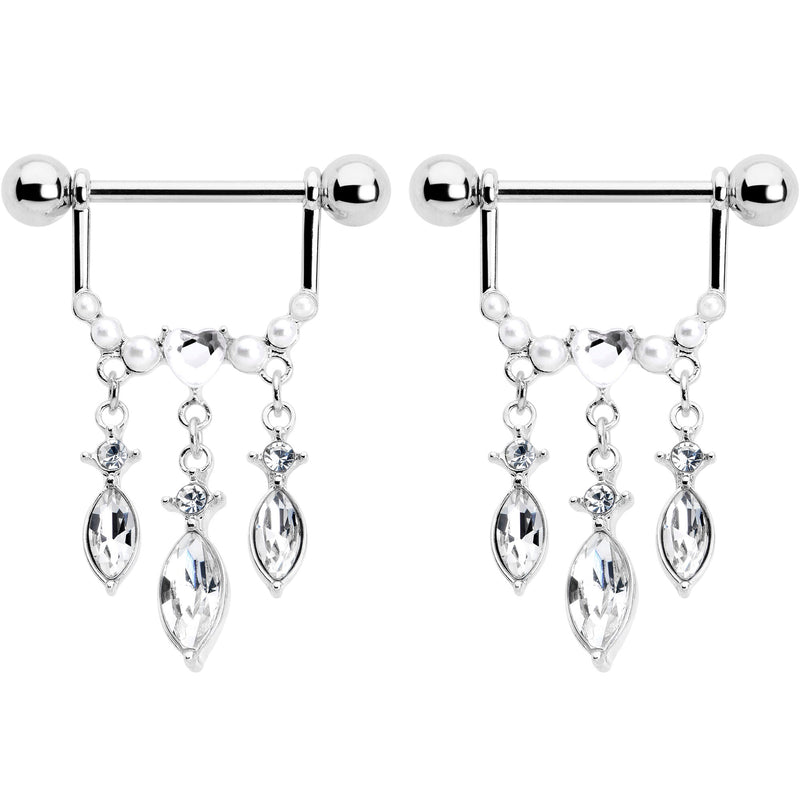 14G 9/16 Clear Gem Heart Triple Drop Dangle Nipple Ring Set