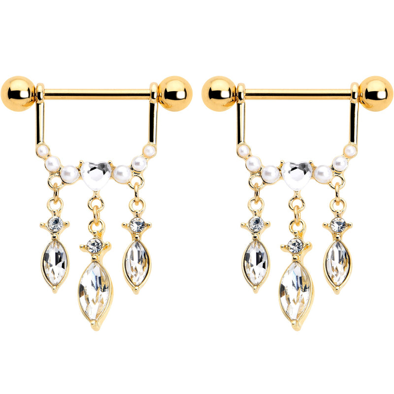 14G 9/16 Clear Gem Gold Tone Heart Triple Dangle Nipple Ring Set
