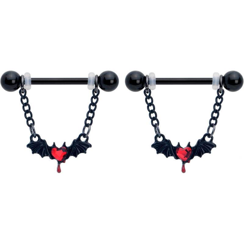 14G 9/16 Red Gem Black Bleeding Heart Bat Dangle Nipple Ring Set