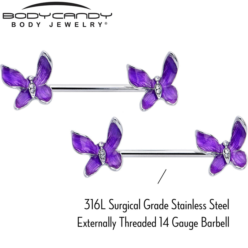 14G 9/16 Clear Gem Chunky Butterfly Purple Barbell Nipple Ring Set