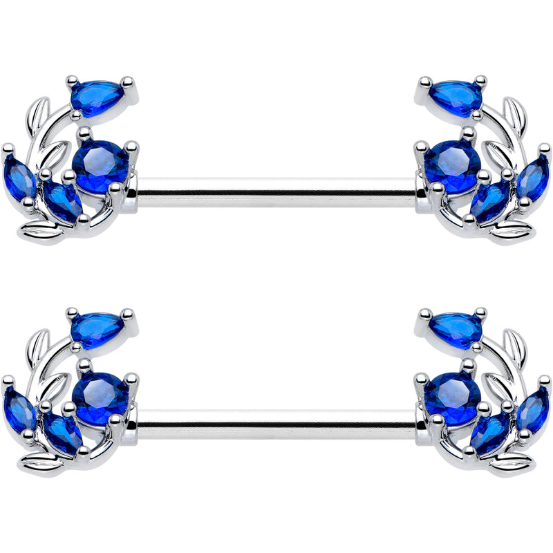 14G 9/16 Blue Gem Twining Vine Barbell Nipple Ring Set