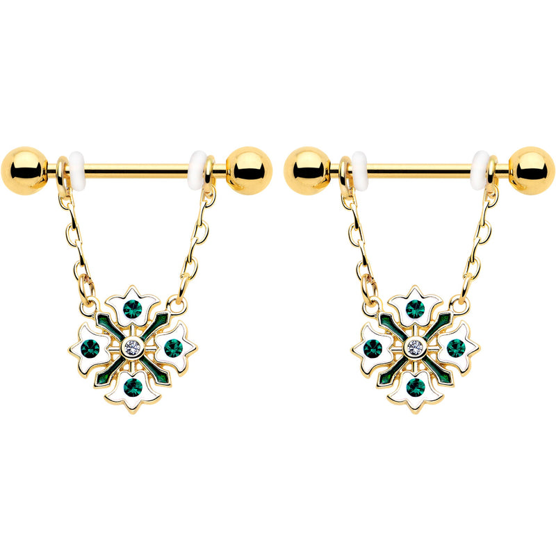 14G 9/16 Green Gem Gold Tone Flower Wreath Dangle Nipple Ring Set