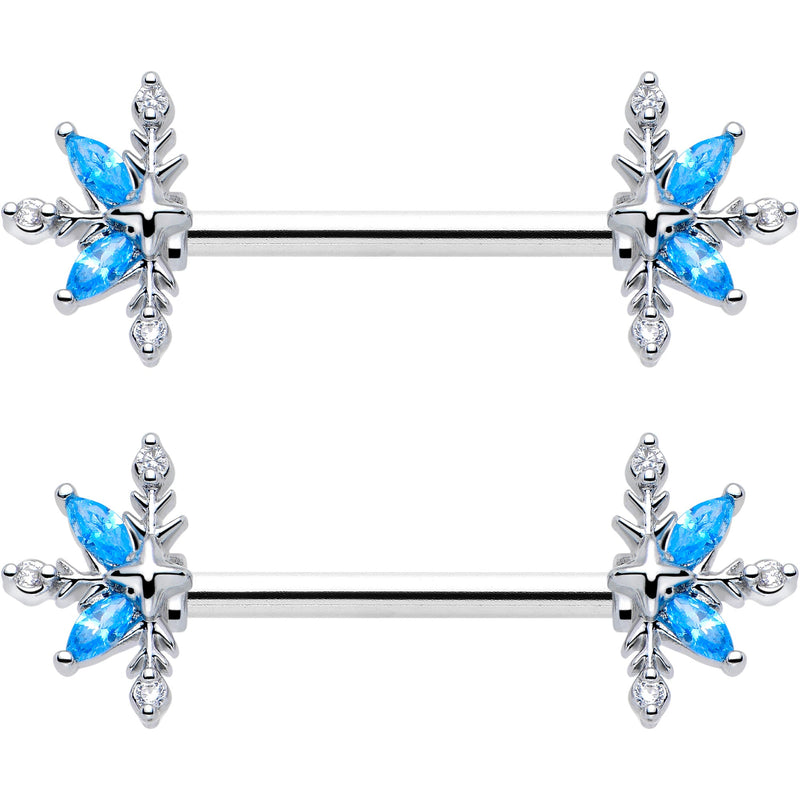 14G 9/16 Blue CZ Gem Classic Flower Barbell Nipple Ring Set