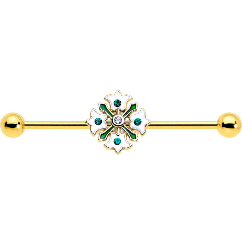 14G Green Gem Gold Tone Flower Wreath Industrial Barbell 38mm