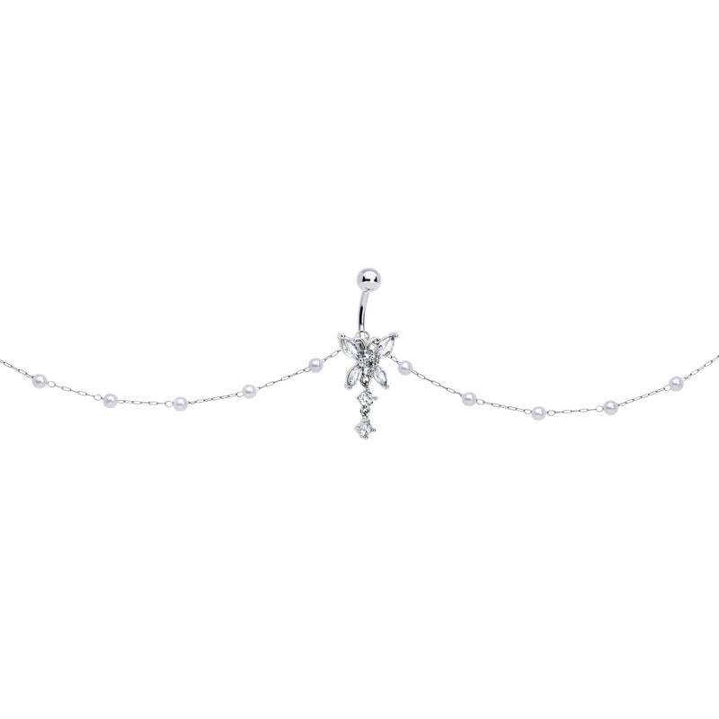 Clear CZ Gem Glam Butterfly Faux Pearl Dangle Belly Ring Belly Chain