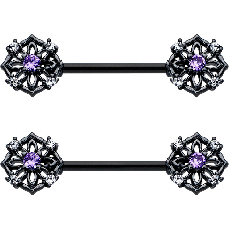14G 9/16 Purple CZ Gem Black Flower Ring Barbell Nipple Ring Set
