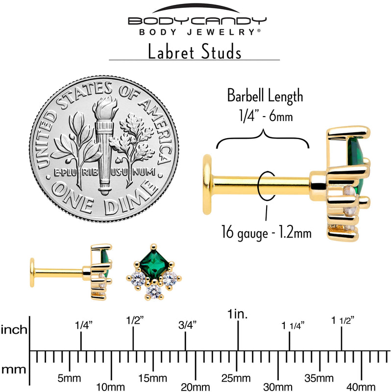 16G 1/4 Green Clear CZ Gem Gold Tone Rhombus Riot Flatback Stud
