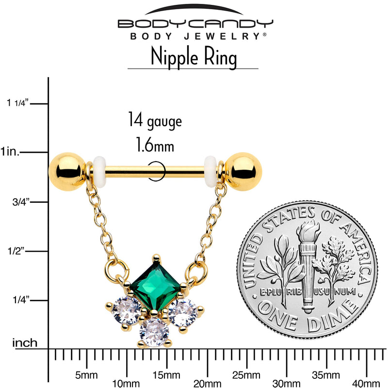 14G 9/16 Green CZ Gem Gold Tone Rhombus Riot Dangle Nipple Ring Set