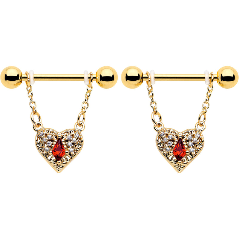 14G 9/16 Red CZ Gem Gold Tone Heart Queen Dangle Nipple Ring Set