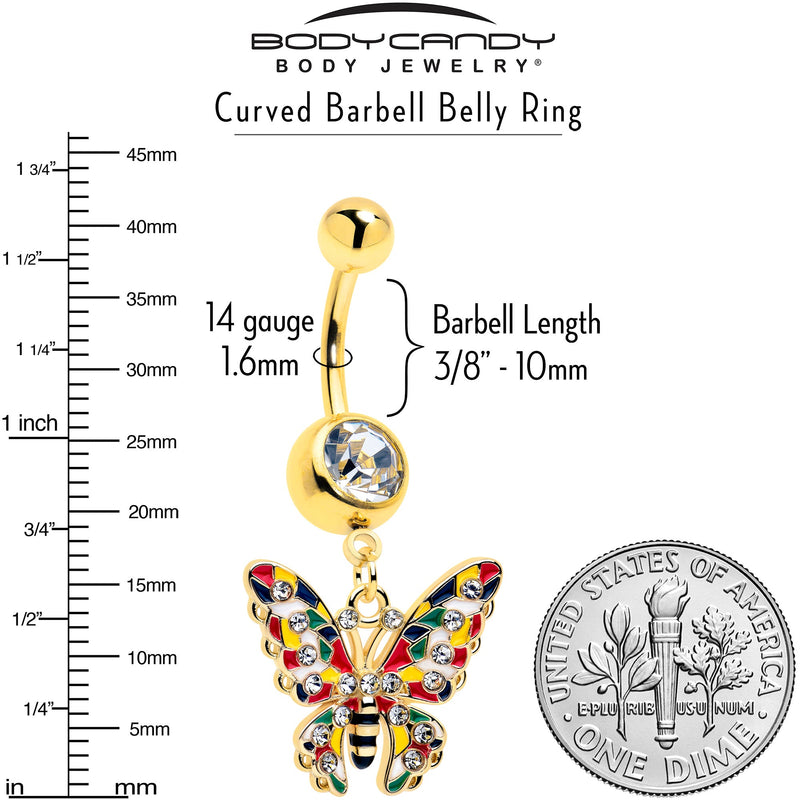 Clear Gem Gold Tone Color Block Butterfly Dangle Belly Ring