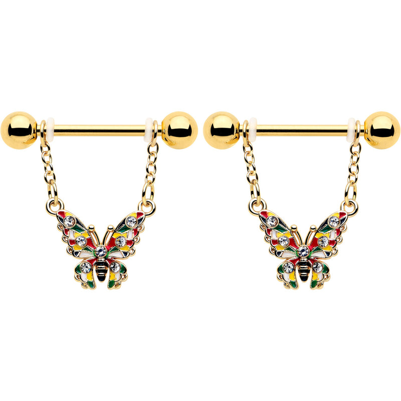 14G 9/16 Clear Gem Gold Tone Color Block Butterfly Dangle Nipple Ring Set
