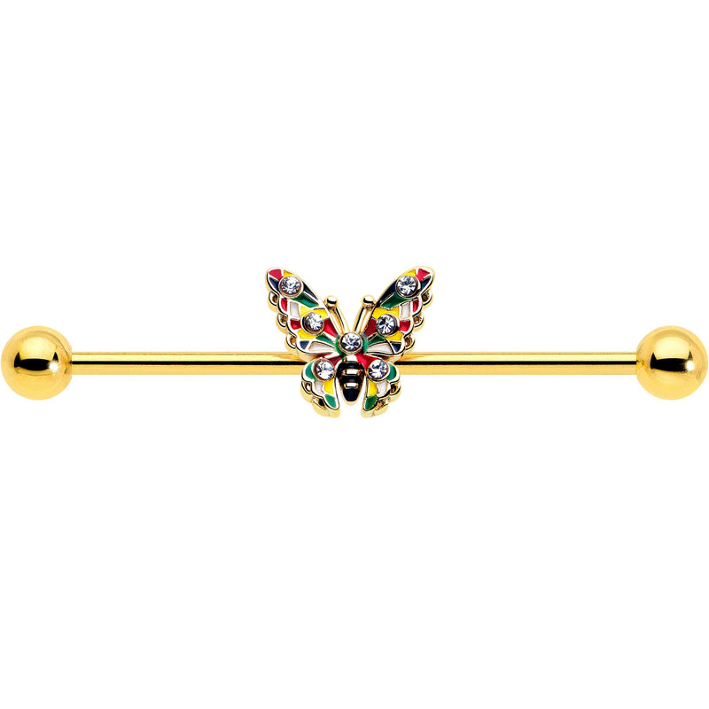 14G Clear Gem Gold Tone Color Block Butterfly Industrial Barbell 38mm