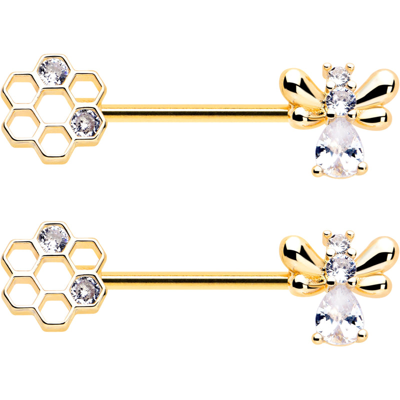 14G 9/16 Clear CZ Gem Gold Tone Bee Hive Luv Barbell Nipple Ring Set