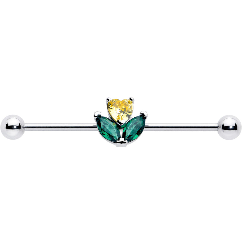 14G Yellow Green CZ Gem Love Flower Industrial Barbell 38mm