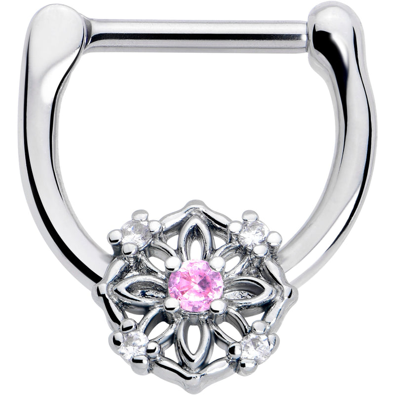 16G 5/16 Pink Clear CZ Gem Flower Circle Cartilage Clicker