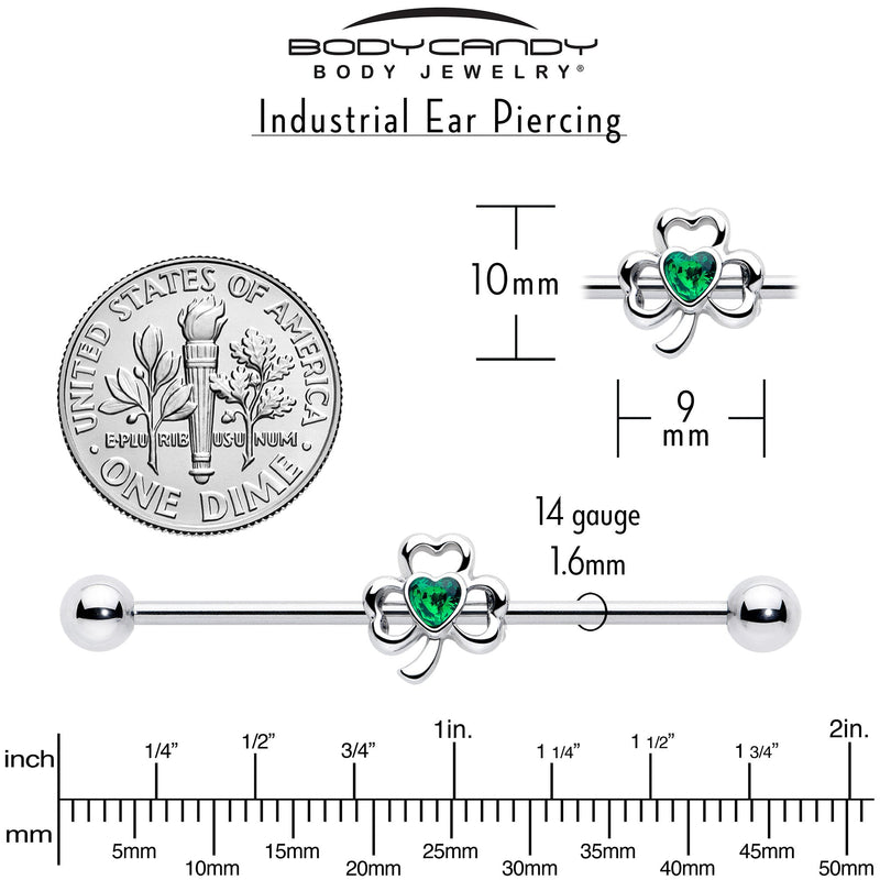 14G Green Gem Heart Shamrock St Patricks Day Industrial Barbell 38mm