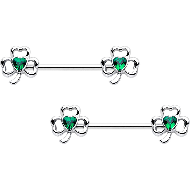 14G 3/4 Green Gem Heart Shamrock St Patricks Nipple Ring Set