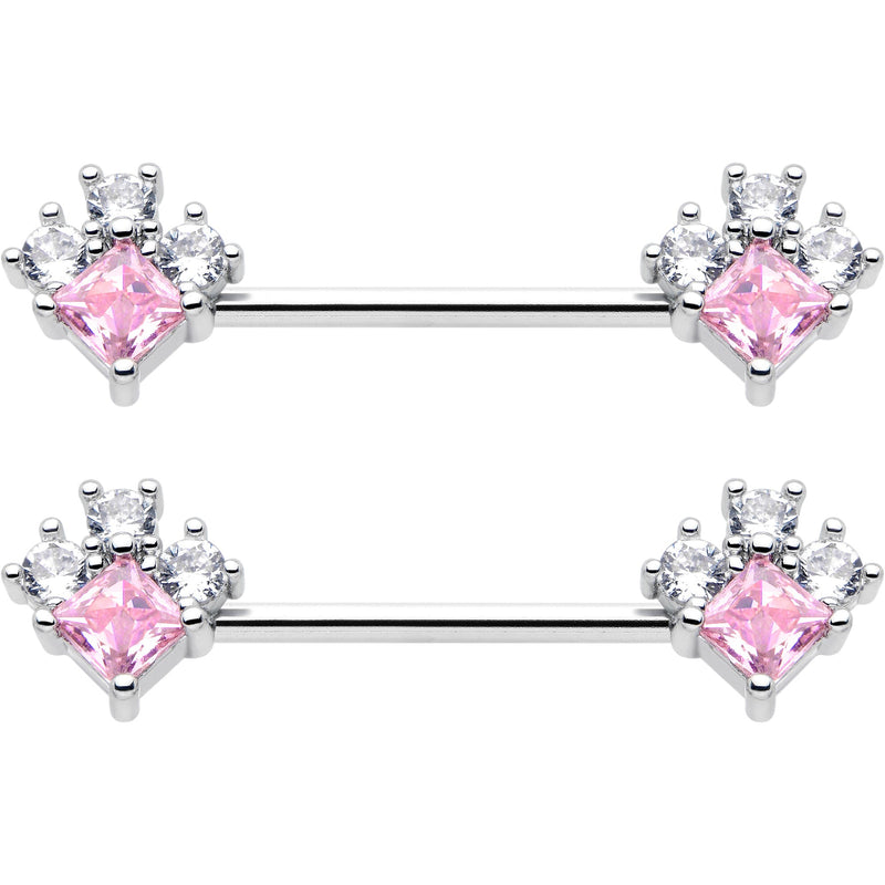 14G 9/16 Pink Clear CZ Gem Rhombus Riot Barbell Nipple Ring Set