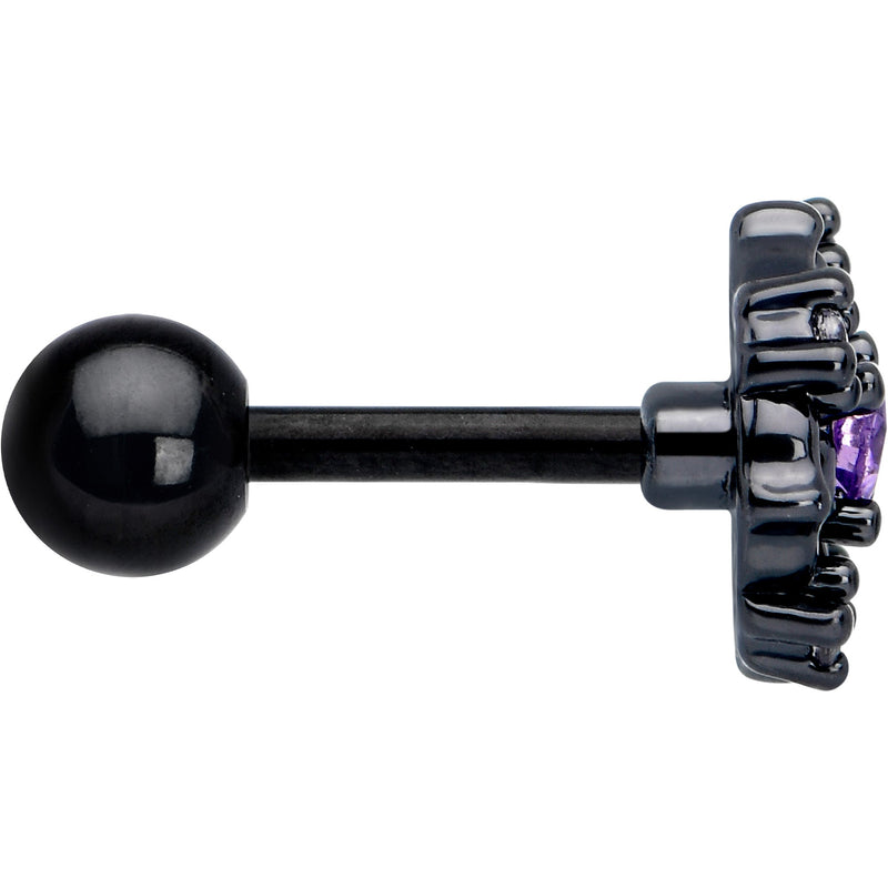 16G 1/4 Purple CZ Gem Black Flower Ring Cartilage Tragus Earring