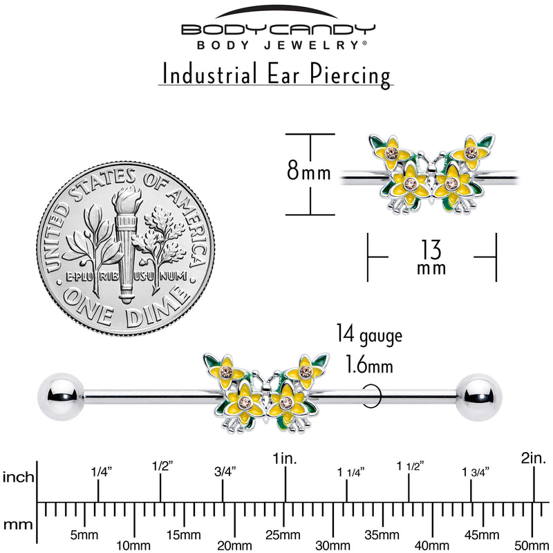 14G Yellow CZ Gem Blooming Butterfly Industrial Barbell 38mm