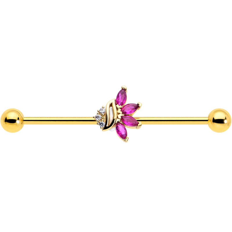 14G Red CZ Gem Gold Tone Swirl Fan Industrial Barbell 38mm