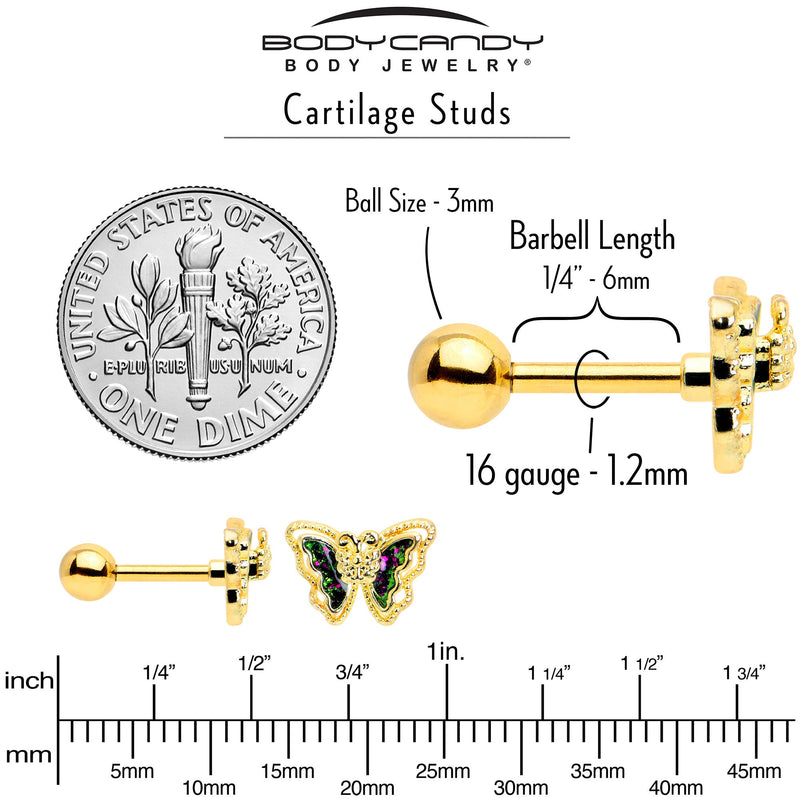 16G 1/4 Vitrail Gem Gold Tone Classic Butterfly Cartilage Earring
