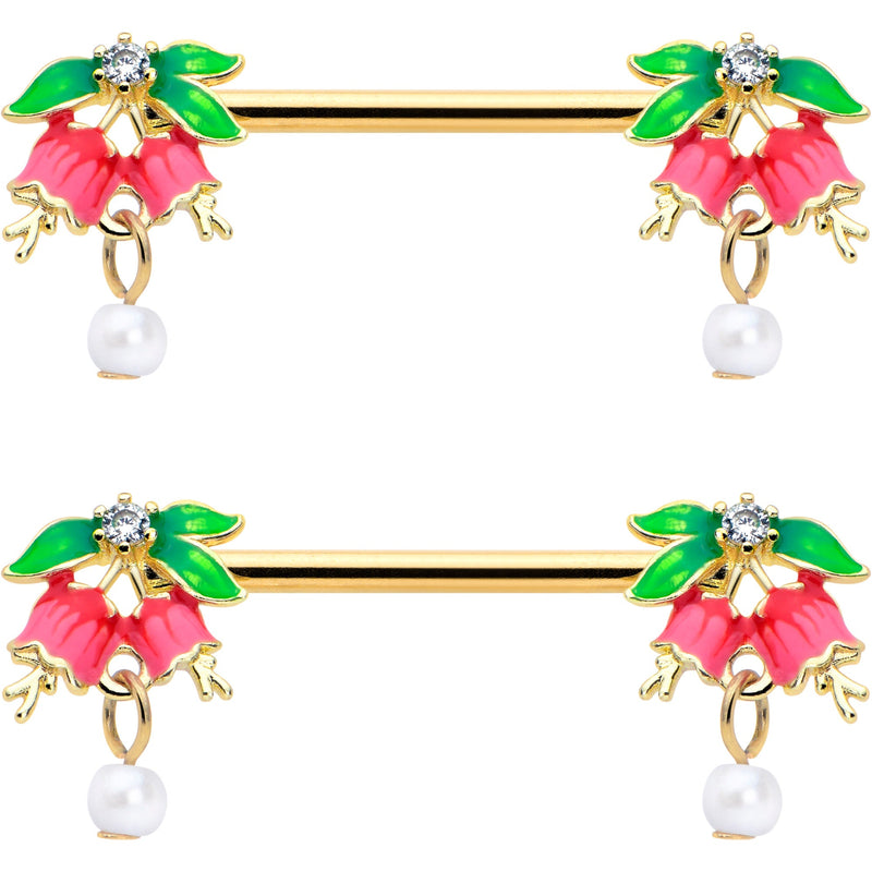 14G 9/16 Clear CZ Gem Gold Hue Bell Flower Barbell Nipple Ring Set