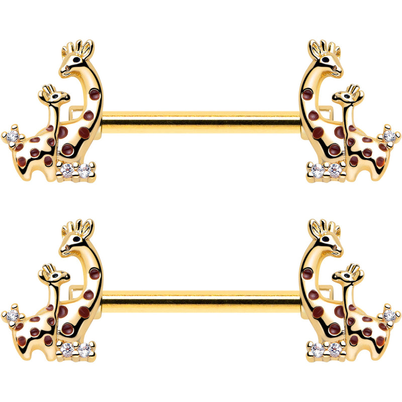 14G 9/16 Clear CZ Gem Gold Tone Mom Baby Giraffes Nipple Ring Set