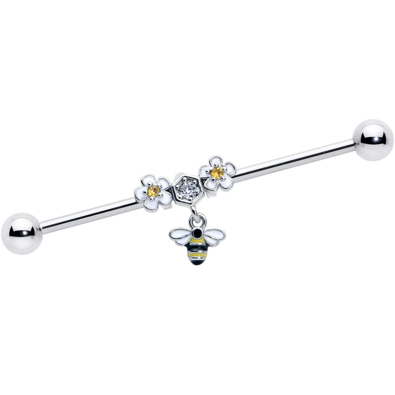 14G Yellow CZ Gem Flower Bee Dangle Industrial Barbell 38mm
