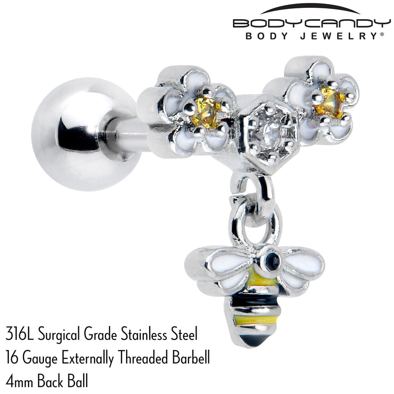 16G 1/4 Yellow CZ Gem Flower Bee Dangle Cartilage Tragus Earring