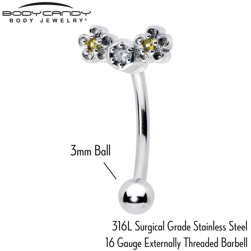 16G 5/16 Yellow CZ Gem Flower Honeycomb Curved Eyebrow Ring